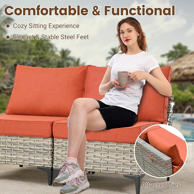 7 Pieces Wicker Patio Furniture Set,Outdoor Sectional Sofa with Coffee Table Comfy Cushions,Modern Modular Deep Seat Rattan Couch Conversation Set,Orange Red