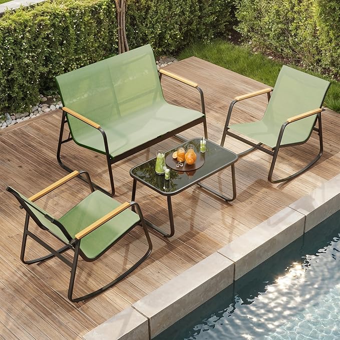 Ahomly 4-Piece Outdoor Patio Furniture Set, All Weather-Resistant Textile Fabric Outdoor Conversation Set with Coffee Table, Patio Rocking Chairs for Lawn, Balcony, Poolside (Green)