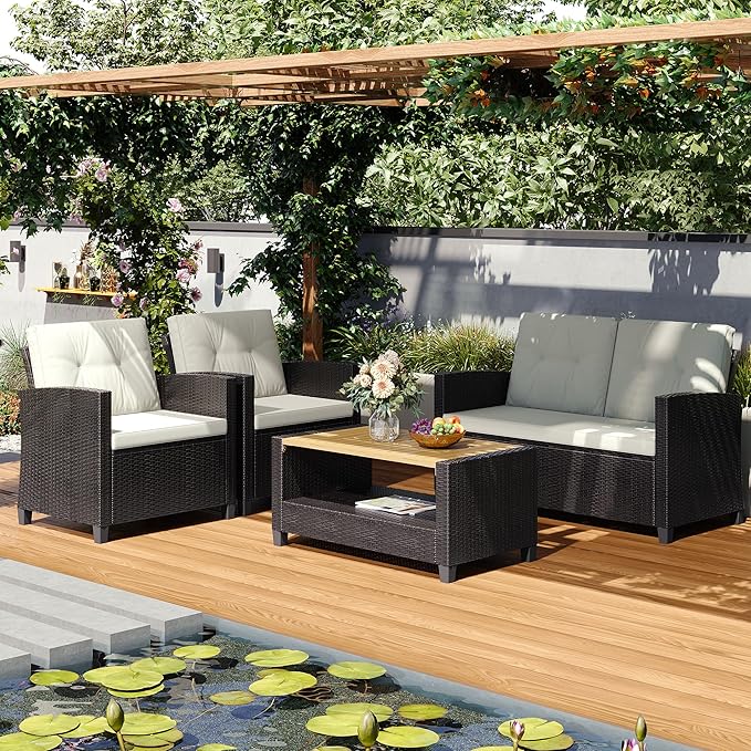 Green4ever Patio Conversation Sets, Wicker Outdoor Patio Furniture Set, 4 Pieces All Weather Rattan Patio Sofa with Wood Coffee Table and Thick Cushions, Beige