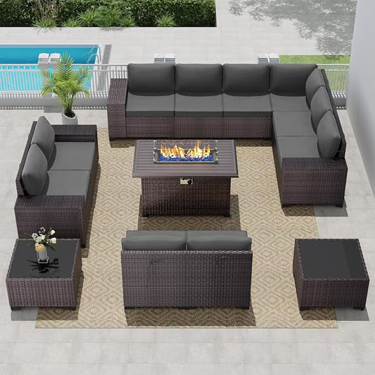 13 PCS Outdoor Patio Furniture Set,Outdoor Sectional Furniture with 43" 55000 BTU Gas Propane Fire Pit Table,All Weather PE Rattan Wicker Patio Conversation Set,Grey
