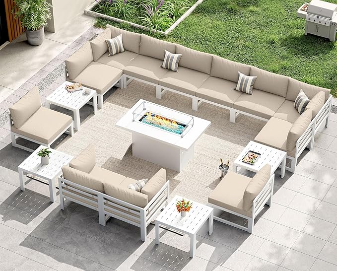 NICESOUL 17 Piece Oversized Modular Aluminum Outdoor Furniture Set with Fire Pit & Side Table, 29" Deep Wide Sectional Seating, 500 lbs High Weight Capacity Patio Conversation Set for Garden, Beige