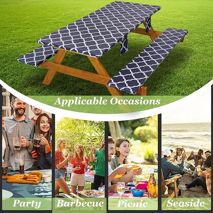 Fitted Picnic Table Cover with Bench Covers Waterproof Elastic Edges Rectangle Patio Tablecloth Outdoor Camping Essentials Stuff Rv Accessories Summer Trip Travel Supplies Party Camper Gifts, 6 ft