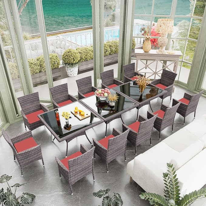 15 Pieces Outdoor Patio Dining Set,Patio Table and Chairs Rattan Outdoor Patio Furniture Set with Umbrella Hole,Dining Table Set for 12 with Chairs for Backyard,Garden and Kitchen,Red