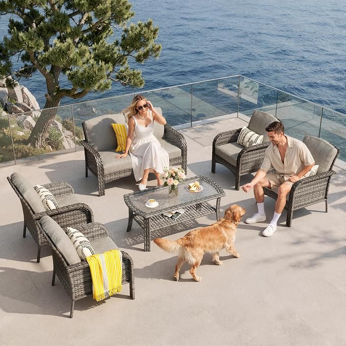6-Piece Patio Furniture Set, Outdoor Wicker Furniture with Coffee Table, All Weather High Back Loveseat Patio Chairs, Modern Rattan Outdoor Chairs Conversation Set for Porch, Balcony, Garden,Dark Gray