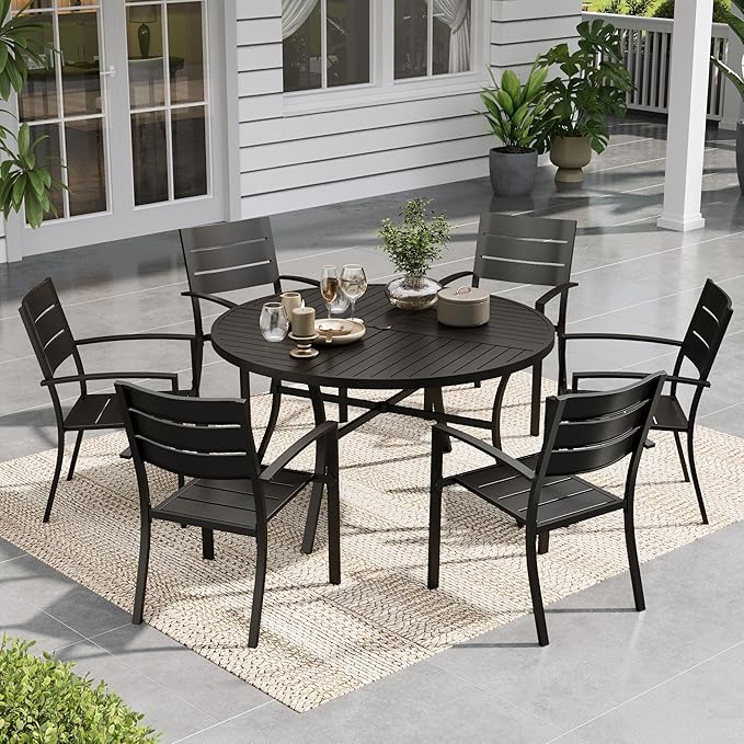 Sophia & William Round Patio Table and Chairs Set, Outdoor Dining Set for 6, 7 Piece Metal Patio Furniture, 54" Black Table