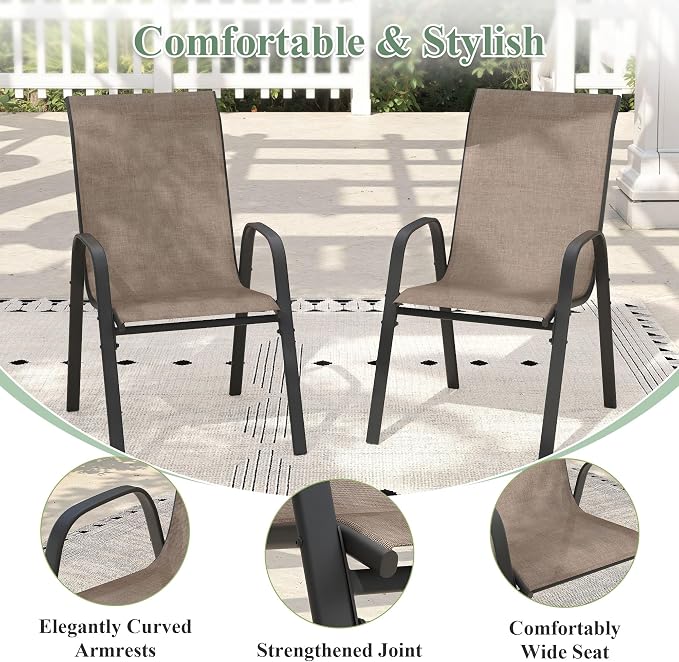 9 Pieces Outdoor Dining Set, 53.1" Spliced Patio Table with Umbrella Hole & Stackable Outdoor Dining Chairs, Patio Furniture Set for Deck Garden Porch, Brown Chairs & Walnut Table