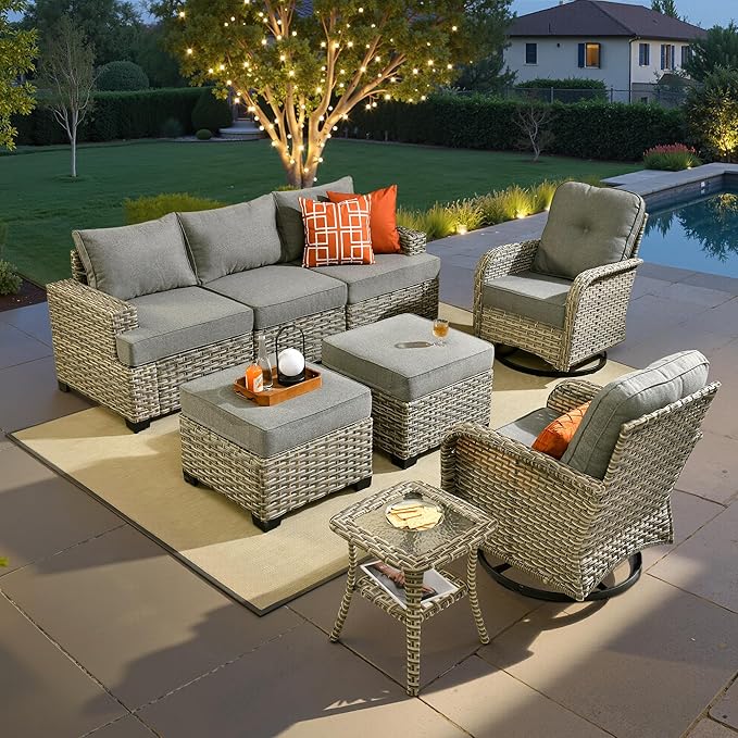 ovios 8 Piece Patio Sectional Furniture with Swivel Rocking Chairs, Rattan Wicker Coversation Couch Set, Outdoor Sofa Set for Outside Porch Balcony Backyard Pool, Dark Grey