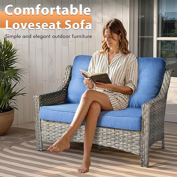 Outdoor Patio Furniture Sets, 5 PCS Patio Conversation Set Outside Rattan Sofa with 54 in Fire Pit Table Comfy Cushions Fit Backyard Porch Garden Poolside Balcony,Diamond Blue