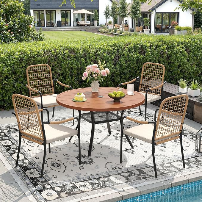 DIFY 5 Pieces Outdoor Dining Set for 4, 40.6" Round Dining Table with Umbrella Hole & Wicker Stackable Patio Chairs with Cushions, Metal Patio Table and Chairs Set for Backyard Porch Garden, Walnut