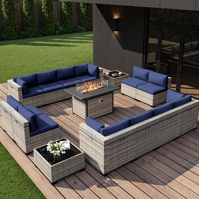 15-Piece Outdoor Patio Furniture Set with 55,000 BTU Fire Pit Table, PE Wicker Rattan Sectional Sofa Conversation Set - All-Weather Garden, Backyard Furniture, Navy Blue