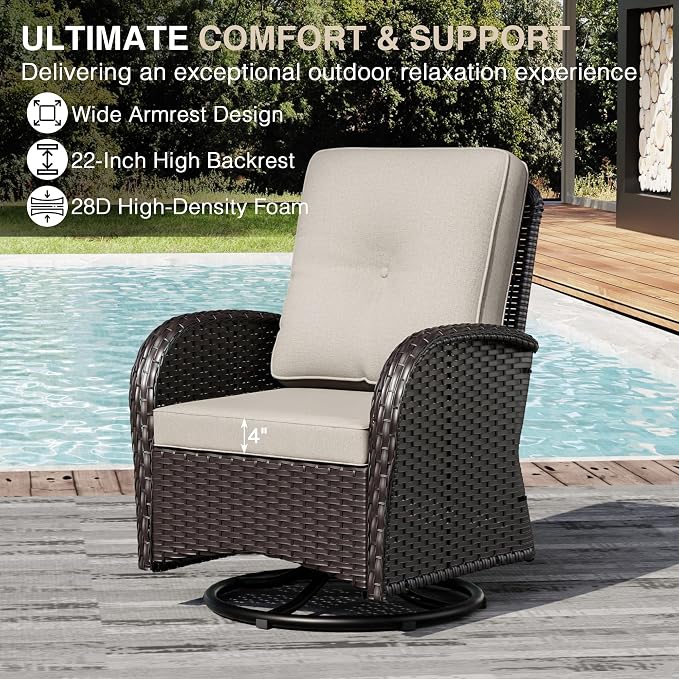 Joyside Wicker Patio Furniture Set, 7 Piece Outdoor Furniture Set with Thickened Cushions, High Back, Deep Seating, Wide Armrest, Outdoor Swivel Rocker Chairs for Porch, Deck