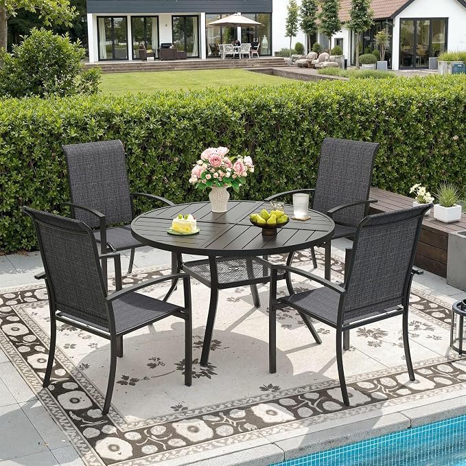 DIFY 5 Pieces Outdoor Dining Set, Metal Patio Table and Chairs Set for 4 with Umbrella Hole, 40.6" Round Dining Table and Textilene Stackable Patio Chairs for Garden Backyard Poolside, Black