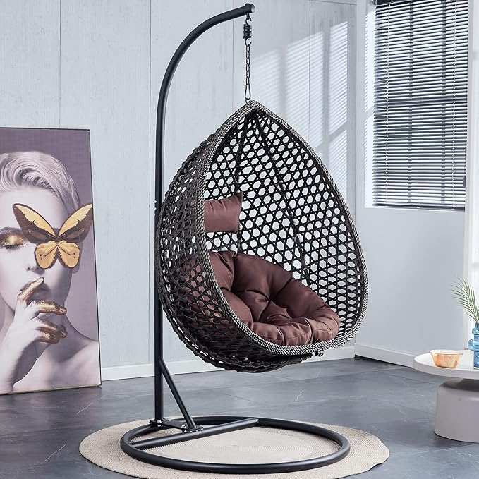 Hanging Egg Swing Chair with Stand, Rattan Wicker Hanging Egg Chair Hammock Indoor with Cushions, Swinging Chair for Bedroom Outdoor Patio Balcony Backyard Sunroom Heavy Duty 350LBS (Black)
