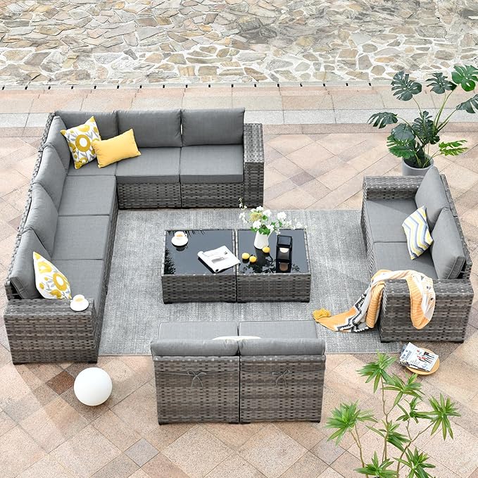 HOOOWOOO Outdoor Patio Sectional Furniture Sofa Set with Widened Armrest,12 Piece Large Modern Wicker Couch,Modular L Shaped Conversation Seating Set with Table for Out Door Garden Corner(Dark Grey)
