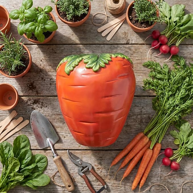 16" Orange Carrot Resin Garden Stool, Multifunctional Outdoor Side Table & Plant Stand, Weatherproof Decorative Sculpture, Funny Unique Gift for Patio Yard Lawn & Housewarming
