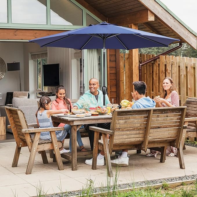 Sun-Ray 9' Round Patio Umbrella with Push-Button Tilt and Hand Crank Lift System, Market Umbrella for Porch, Deck, and Patio