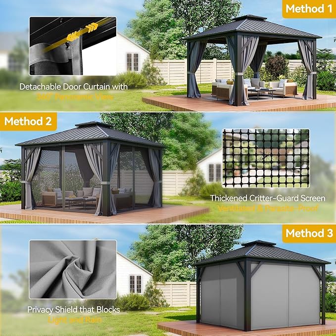 DWVO 12x12ft Hardtop Gazebo Double Roof with Nettings and Curtains, Heavy Duty Galvanized Steel Outdoor Vertical Stripes Roof for Patio, Backyard, Deck, Lawns, Gray