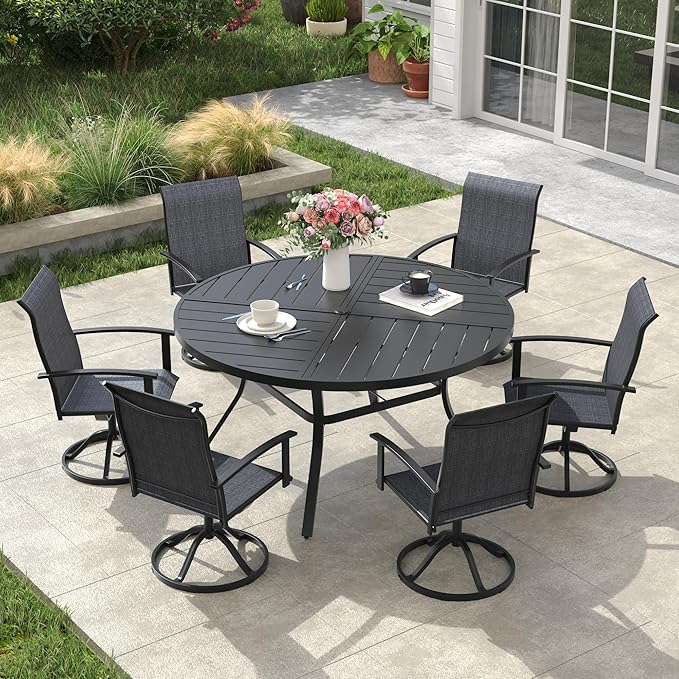 VICLLAX Outdoor Table and Chairs Set for 6, Patio Dining Set of 50 Metal Round Patio Table with Umbrella Hole & 6 Swivel Outdoor Dining Chairs for Backyard Lawn, Charcoal & Black