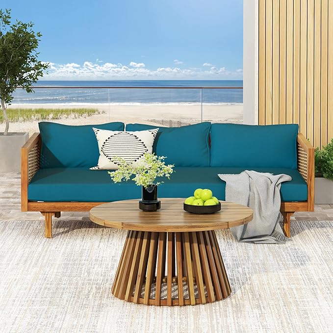 Christopher Knight Home Charm Patio Conversation Set, 3 Seater Acacia Wood Sofa, Spacious Seating Wicker Armrest Chair, Wood Coffee Table, Round Side Table, Outdoor Furniture for Garden, Dark Teal
