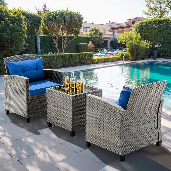 JAMFLY 3 Piece Wicker Patio Furniture Set - Space Saving Outdoor Rattan Conversation Set with Soft Cushions & Glass Coffee Table for Balcony, Porch, Small Backyard - All Weather Blue Bistro Set