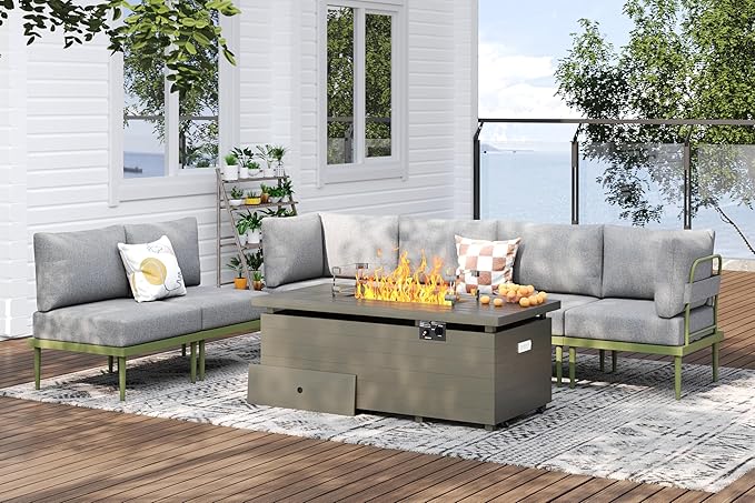 Metal Patio Furniture Set, 7 Pieces Outdoor Sectional Couch Sets with Fire Pit Table, 6" Thick Cushion Outdoor Corner Sofa Set for Deck, Patio & Courtyard (Gray/Green)