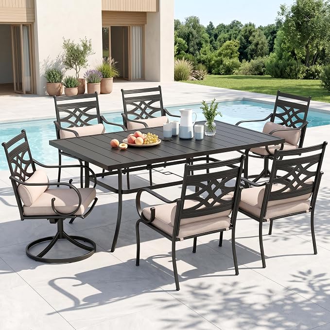 MFSTUDIO 7 PCS, Patio Dining Set, 59"×35", 4 Swivel Chairs, Umbrella Hole | Steel, Metal, Weather resistant, Easy to clean, E-coated frame