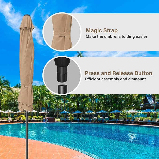 HealSmart 9' Patio Table Umbrella with Button Tilt, 8 Sturdy Ribs, 50lbs Base Stand Included, for Garden, Backyard, Deck, Pool, Tan