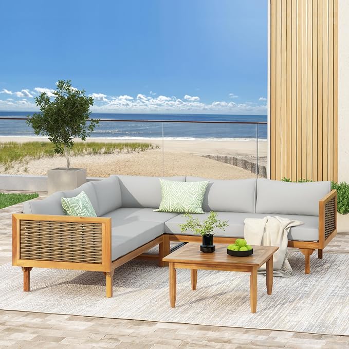 LUMISOL 4-Piece Outdoor Acacia Wood Sofa Set with Water Resistant Cushions, All Weather Patio Conversation Set with Coffee Table for Garden, Backyard, Poolside, Teak+Light Grey