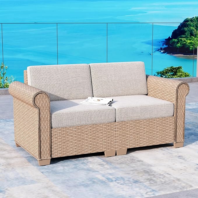 Patio Rattan loveseat, 2-Seat Wicker Rattan Sofa with 5.5" Thick Waterproof Cushions, All Weather Outdoor Conversation Set for Lawn Backyard Garden and Deck, Beige