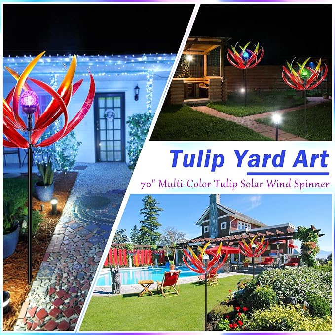 70 in Large Wind Spinners Outdoor, Solar Wind Sculpture, Red | Metal Windmill with Solar Multi-Color Light, All Weather Decor , Ideal Yard Art for Garden, Backyard, Lawn & Outdoor Decor