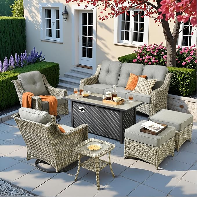 HOOOWOOO Patio Furniture Set,7 Pieces Wicker Outdoor Furniture,High Back Conversation Set with All Weather Resistant Fire Pit Table Couch Swivel Chairs Ottomans,Dark Gray