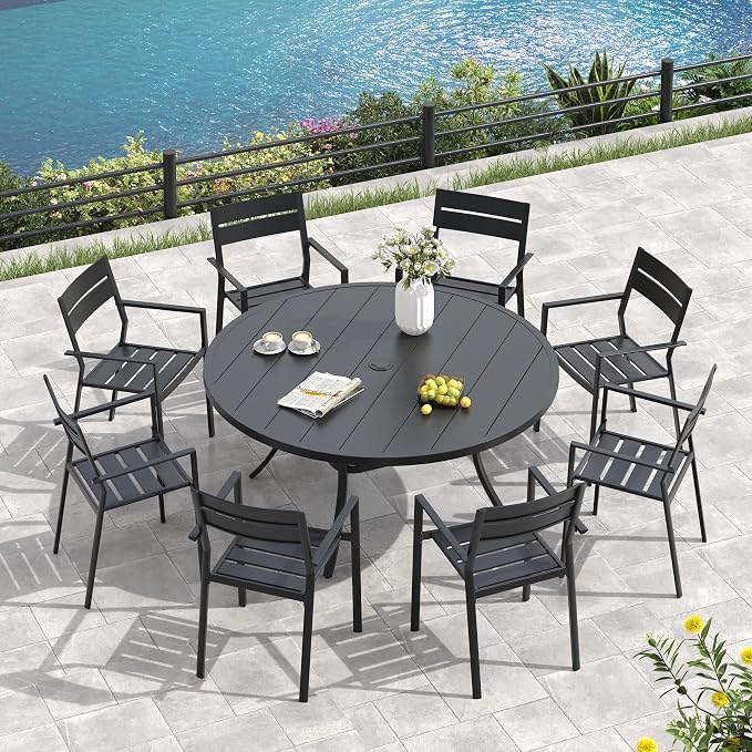 VICLLAX 63" Round Patio Table, Outdoor Dining Table for 8-10 with Umbrella Hole for Garden Lawn Deck Backyard, Black