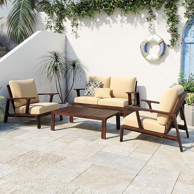 4-Pieces Acacia Wood Patio Furniture Set, All-Weather Sectional Sofa Set w/ 2 Chairs, Loveseat & Coffee Table, Outdoor Conversation Set with Cushions for Garden Backyard Porch Balcony (Brown Finish)