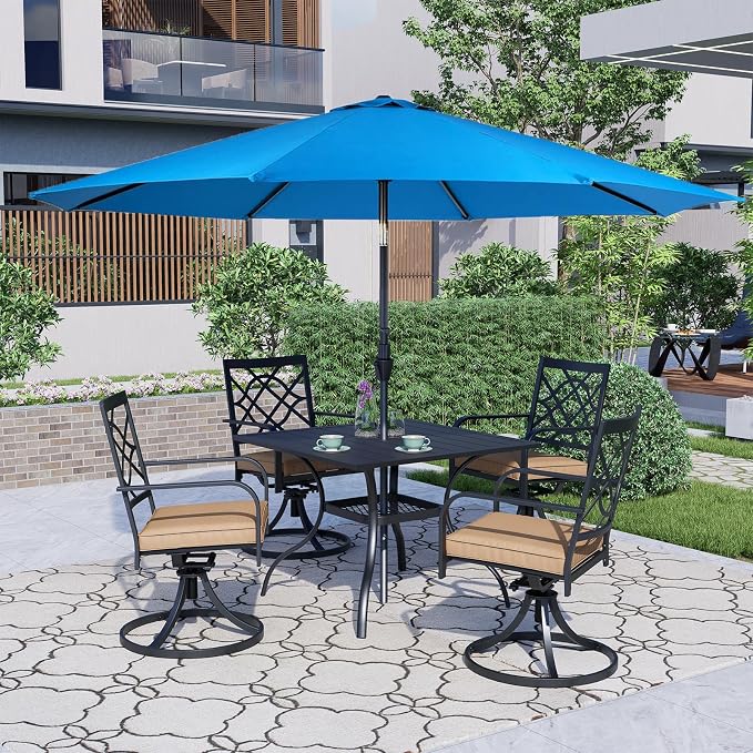 Crownland 5 Piece Patio Dining Set, 4 Swivel Metal Chairs and Square Outdoor Dining Table with Sky Blue 9FT Round Outdoor Umbrella (Metal Tabletop)