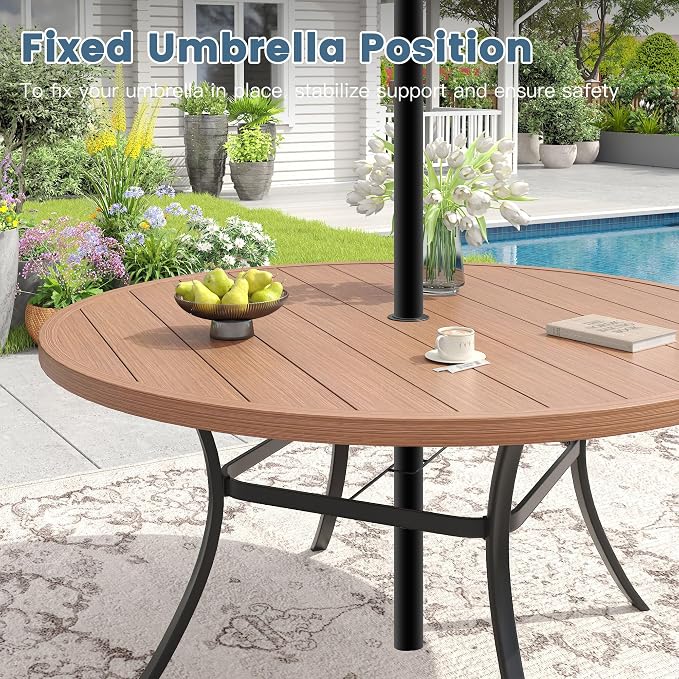 DIFY Patio Dining Set for 6, 7 Piece Outdoor Table and Chairs Set, 50" Walnut Round Metal Patio Dining Table and 6 Brown Textilene Stackable Patio Chairs, for Backyard Garden Poolside