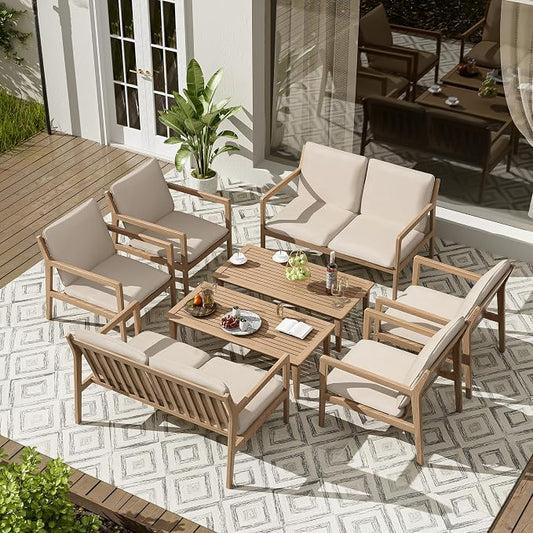 Christopher Knight Home Hearth Patio 8 Pieces Conversation Set, Acacia Wood Loveseat and Accent Armchairs, Slat Panel Coffee Table, Side Table with Sofa Chairs Chat Set for Garden Yard, Light Teak