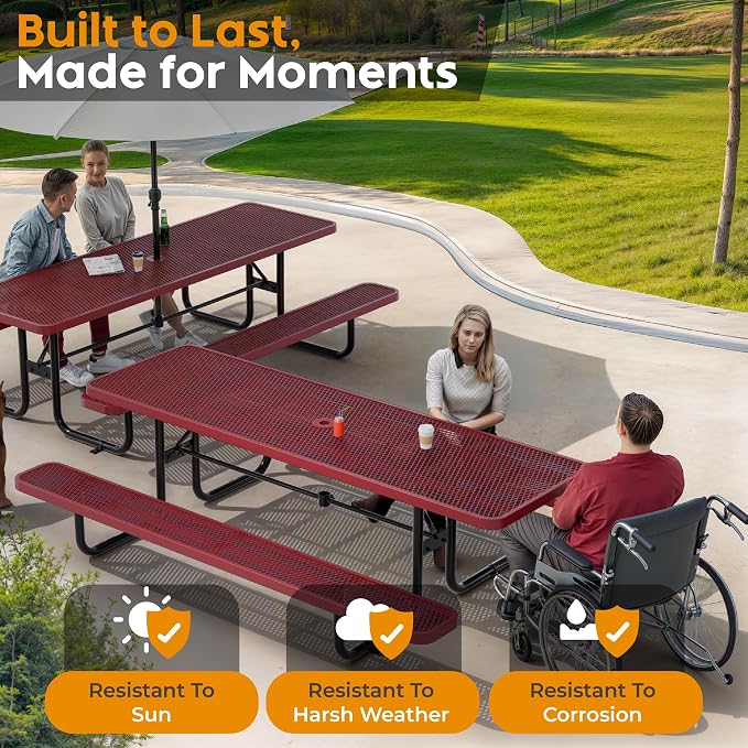 Commercial Heavy-Duty Metal Picnic Table - ADA Compliant, Adjustable Seats, Umbrella Hole, Expanded Metal (Red, 8' Rectangular)