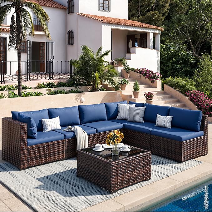 Patio Furniture Set, 7-Piece Outdoor Sectional Rattan Sofa Set with Coffee Table (Navy Blue Cushions with Brown Rattan)