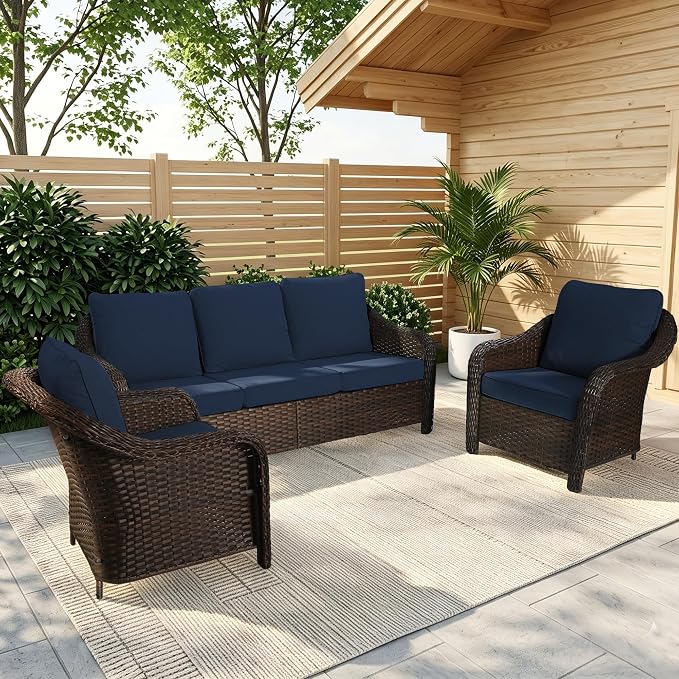 3 Piece Patio Wicker Conversation Set, All-Weather Use Outdoor Wicker Sofa with 2 PE Rattan Chair, Ideal for Porch, Backyard, Balcony, Poolside, Blue