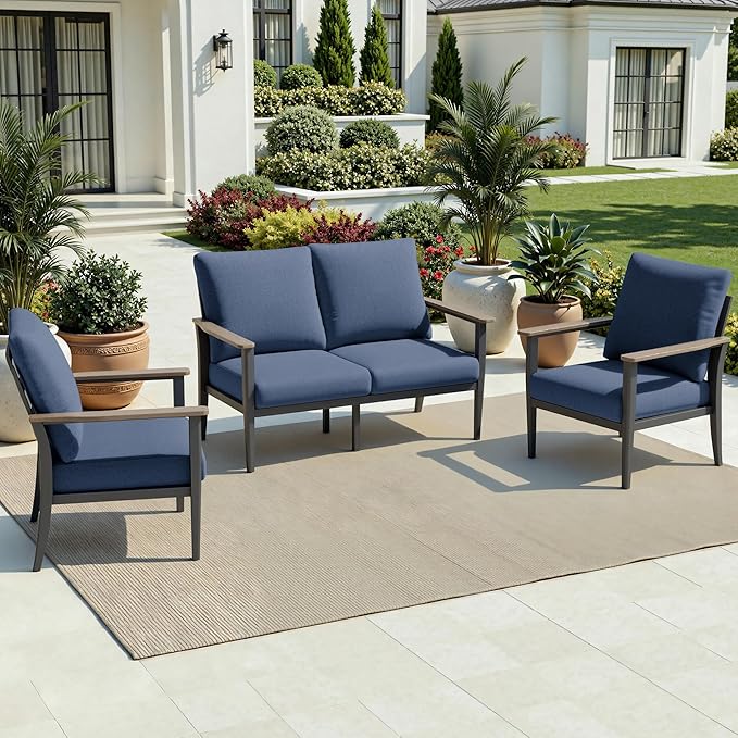 4-Seat Outdoor Patio Furniture Set Aluminum Sectional Sofa Set, Patio Conversation Set with High Backrest & Thickened Cushions for Garden, Backyard, Poolside, Navy Blue