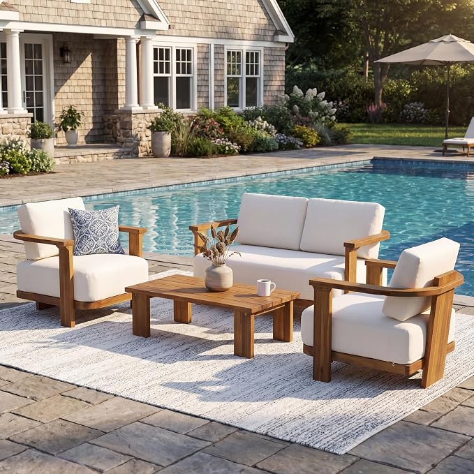 Christopher Knight Home Stella Acacia Wood 4 Piece Patio Furniture Set, Wooden Patio Conversation Set with Club Chair+Coffee Table, 4-Seater Outdoor Loveseat Sofa + Armchair and Table Set, Teak+Beige
