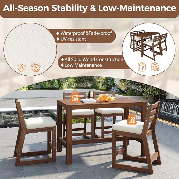 VilroCaz 5-Piece Outdoor Patio Counter Height Dining Set, Acacia Wood Bar Table and Ergonomic Chairs with Removable Cushion, All-Weather Bistro Set Conversation Set with Slatted Tabletop (Mocha-2.10)