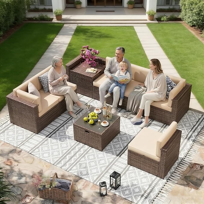 Aoxun 8 Piece Patio Furniture Set, Wicker Rattan Outdoor Furniture Set with Storage Box and Glass Top Table, Patio Sectional Set with Thick Cushions, Beige