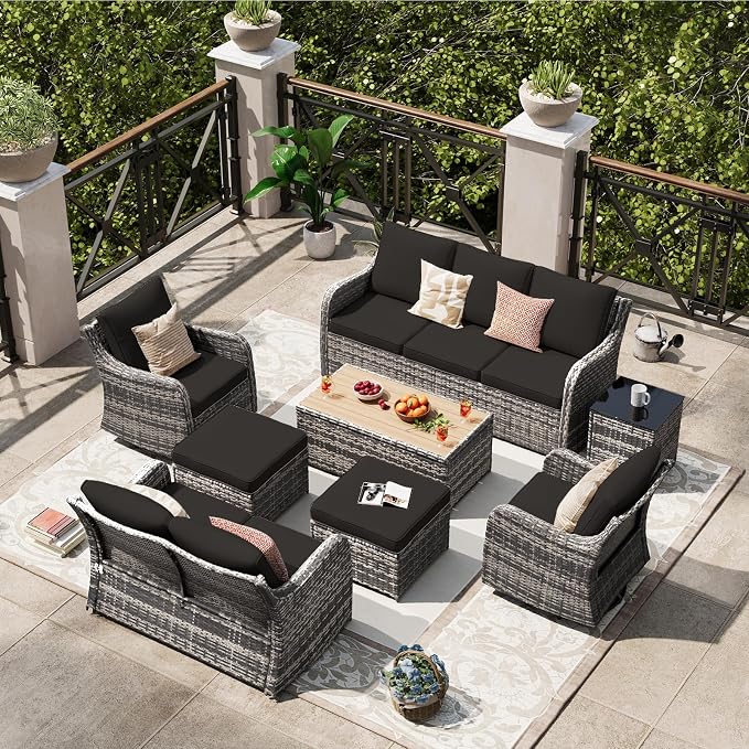 MEISSALIVVE Patio Furniture Set with Swivel Rocking Chairs, 8 Pieces Patio Conversation Set, Outdoor Wicker Sofa Couch with Waterproof Cushions for Lawn Backyard Porch (Black)