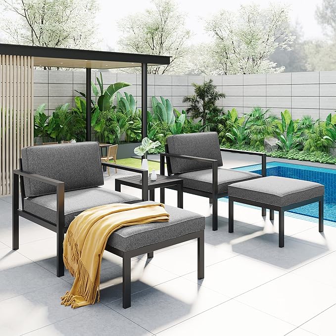5-Piece Patio Conversation Set Sofa Set, All-Weather Aluminum Alloy Bistro Set with Coffee Table and Multi-Functional Stool, Outdoor Furniture Porch Chairs with Water-Resistant Cushion