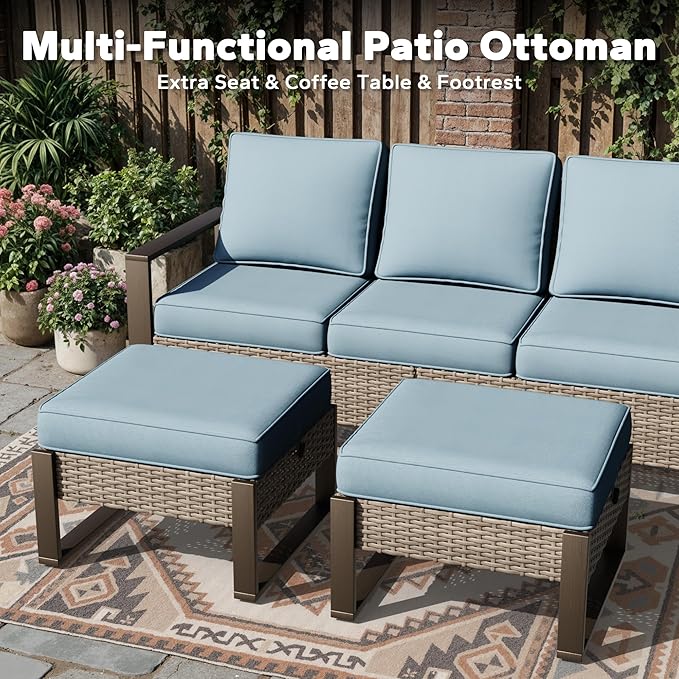 Joyside Outdoor Patio Chairs, 5 Pieces Wicker Rattan Furniture Set, 2 Patio Chairs, 2 Sofa and 2 Ottoman, Metal Wide Armrest, Thick Cushions and Deep Seating for Garden, Backyard, Porch, Deck
