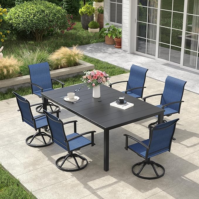 VICLLAX 7 Pieces Patio Dining Set, Patio Furniture Set of Metal Outdoor Table with Umbrella Hole and 6 Swivel Patio Chairs for Backyard Lawn, Dark Blue & Black