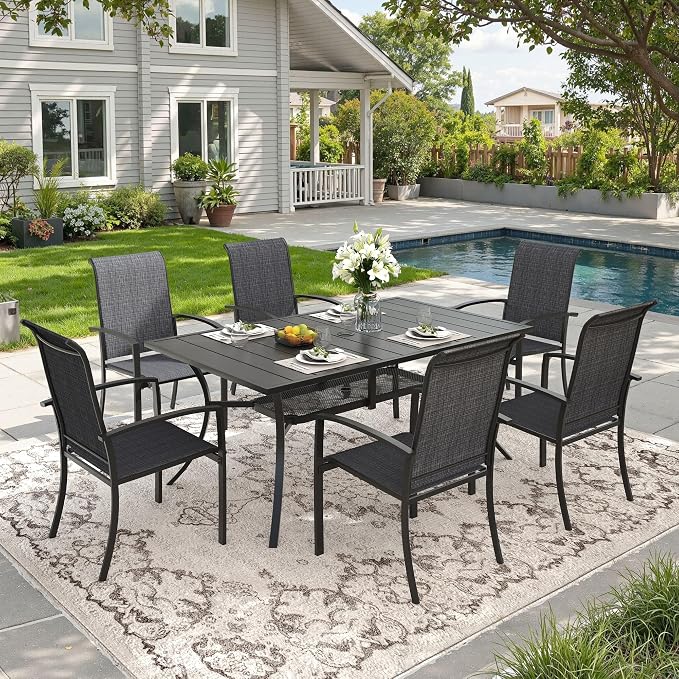 DIFY 7 Pieces Outdoor Dining Set, Metal Patio Table and Chairs Set for 6 with Umbrella Hole, 59.2" Rectangle Dining Table and Textilene Stackable Patio Chairs for Garden Backyard Poolside, Black