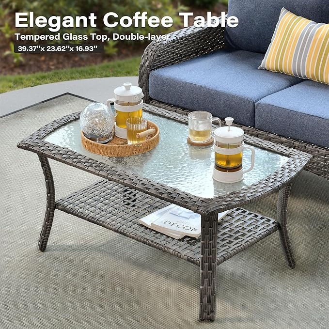 7 Pieces Patio Conversation Sets,Patio Furniture Set with Swivel Rocking Chairs,Coffee Table, Side Table, All Weather Rattan Wicker Outdoor Sectional Furniture Set for Porch Balcony Backyard Blue