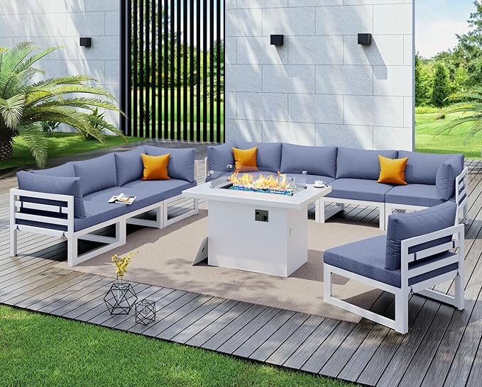 NICESOUL 8 People Large Luxury Aluminum Patio Conversation Set with Fire Pit Table Propane/Gas, 29" Deep U Shaped Sectional Couch, 500 lbs Heavy Duty All Weather Outdoor Sofa for Backyard, Denim Blue